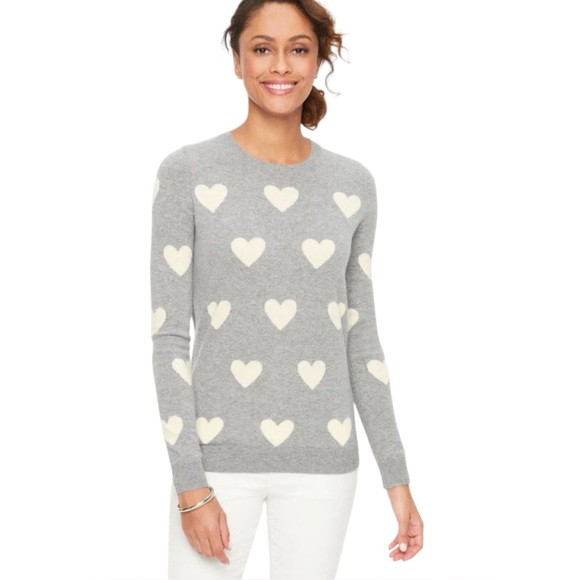 Talbots 100% Cashmere Hearts Crewneck Sweater in Gray and White Size MP (Petite) - Picture 1 of 5